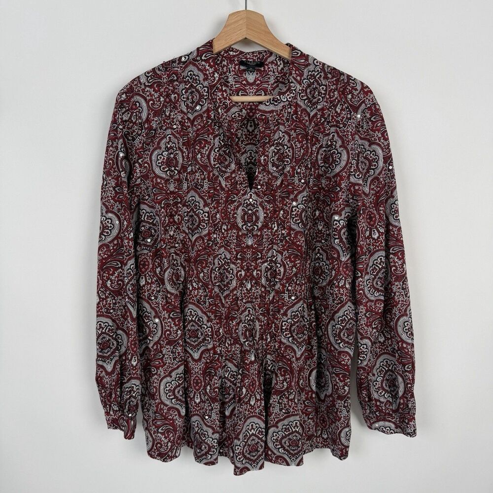 Talbots Shirt Womens 1X Paisley Red Colorful Sequin Button Up Boho Blouse Tunic